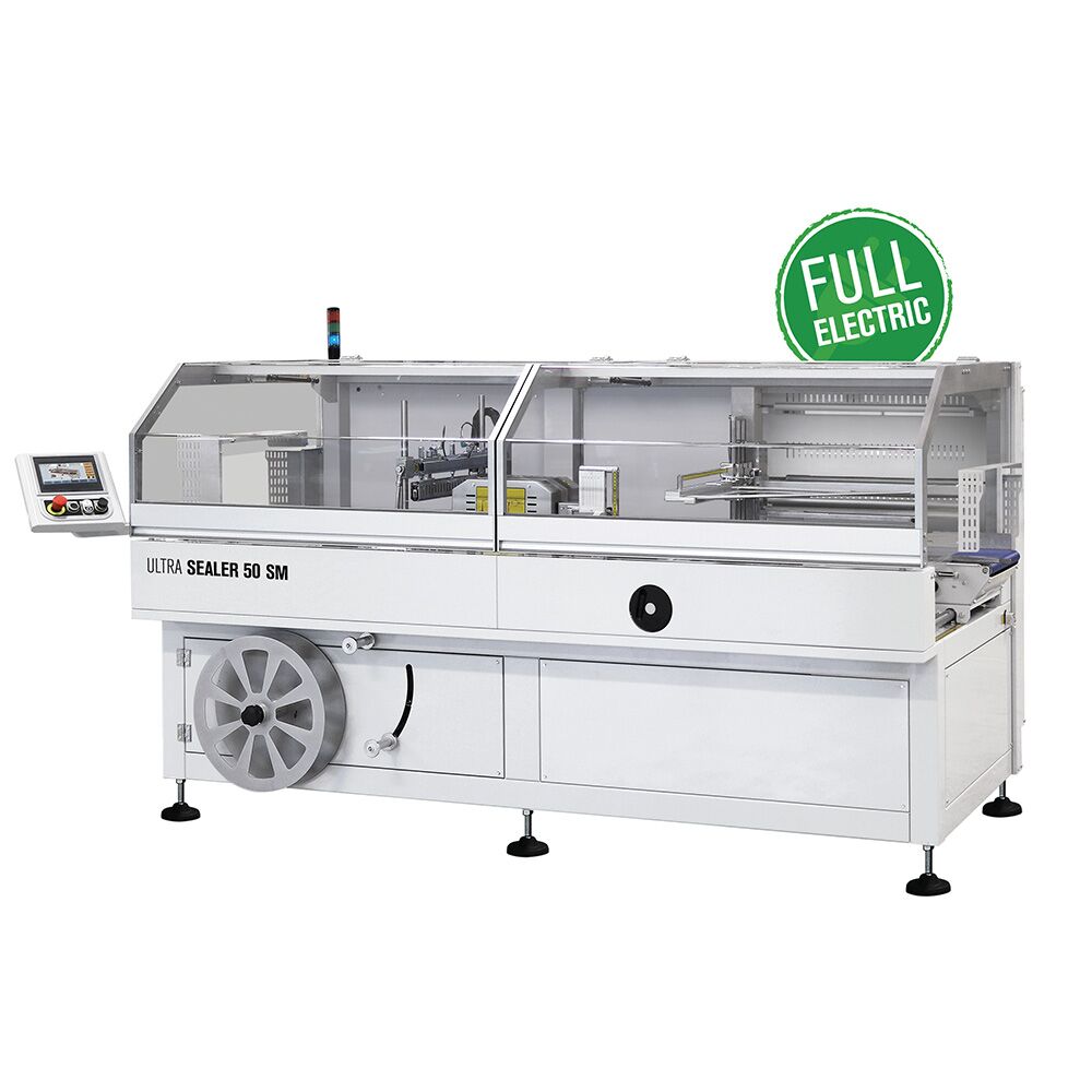 Biała Automatyczna zgrzewarka kątowa Ultra Sealer 50 SM posiada panel sterowania po lewej stronie i zieloną naklejkę FULL ELECTRIC w prawym górnym rogu.